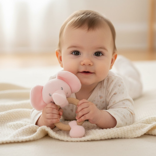 Pink elephant soft toy rattle - pink,